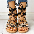 Leopard Print Lace-Up Ankle Flat Sandals
